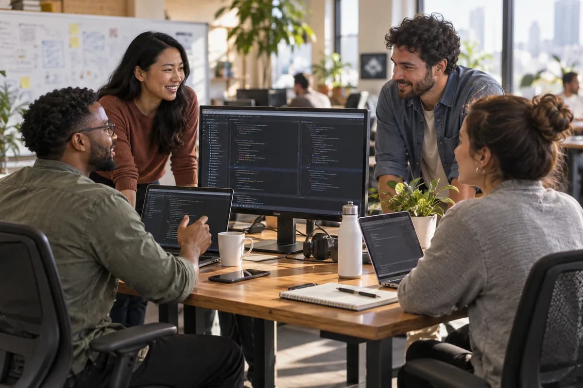 Realistic editorial illustration of saas and software companies at work in the United States