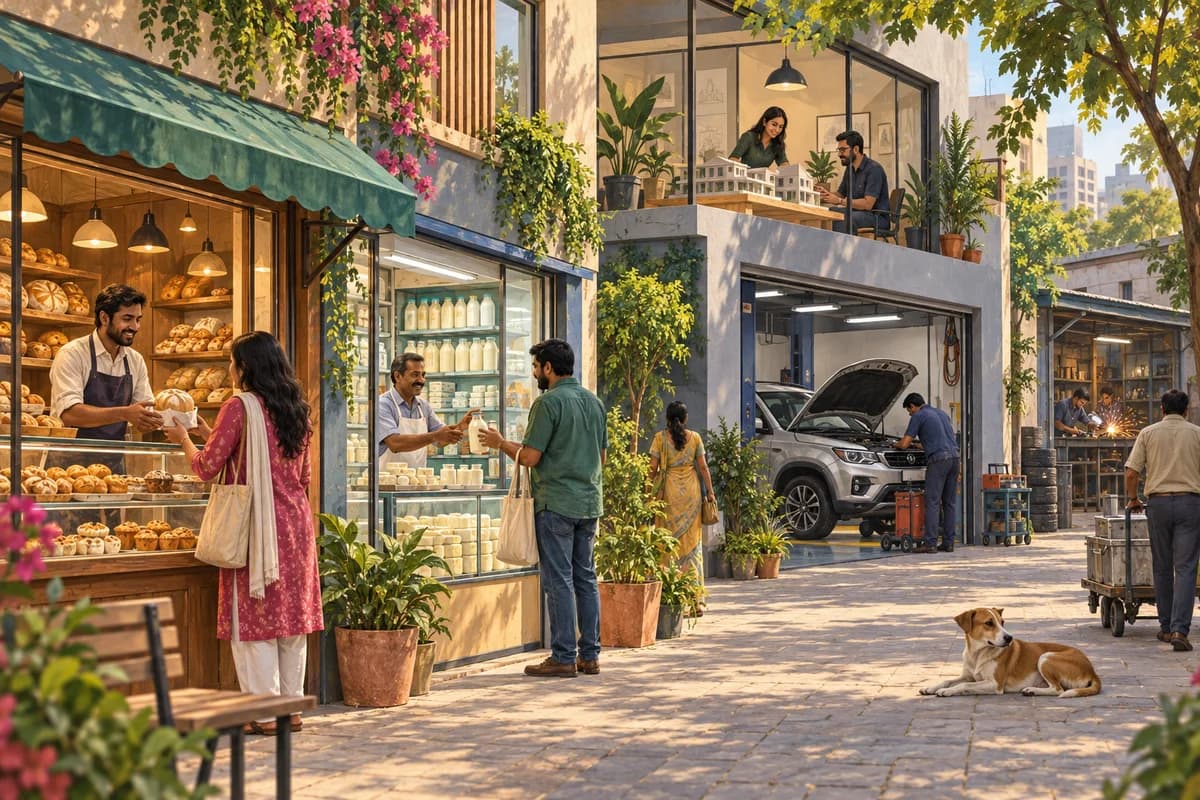 Realistic illustration of an Indian business neighbourhood with a bakery, dairy shop, architecture studio and auto repair garage