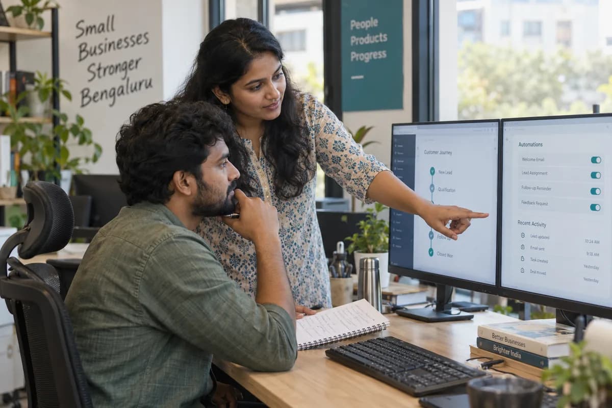 Operations specialists review an automated customer workflow on desktop monitors