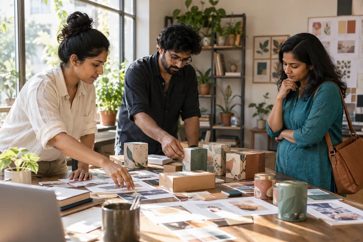 Designers and a business owner review packaging prototypes and colour swatches