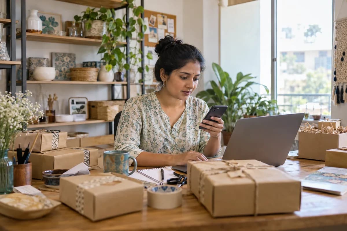A small-business owner responds to customer messages beside packed orders