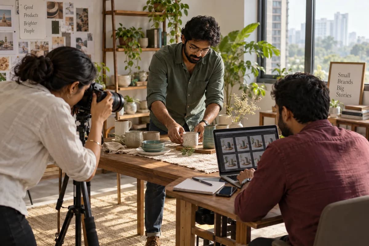 A photographer and business owner prepare homeware products for a marketing photoshoot