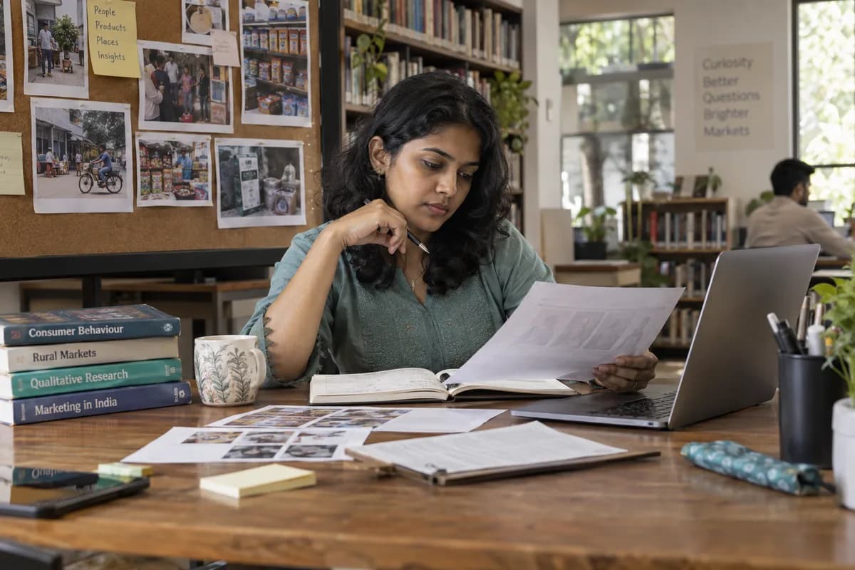 A market researcher reviews survey sheets and interview notes