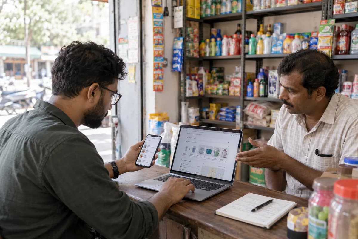 A search specialist and shop owner review product listings on a laptop and phone