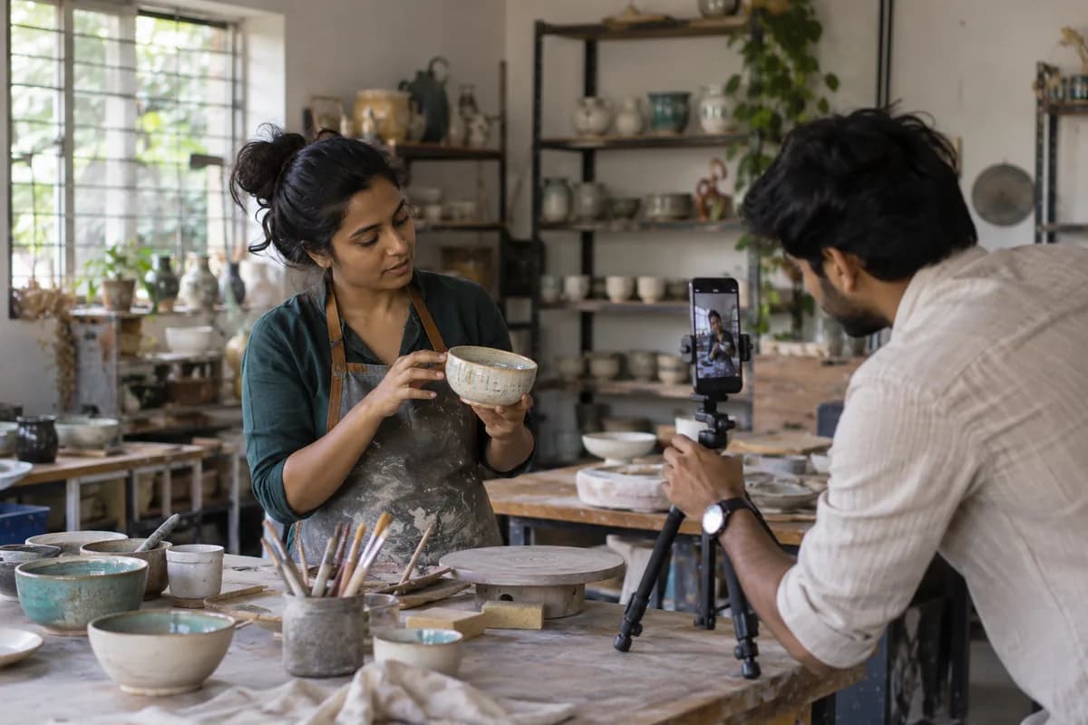 A creator films an artisan demonstrating a ceramic bowl in her workshop