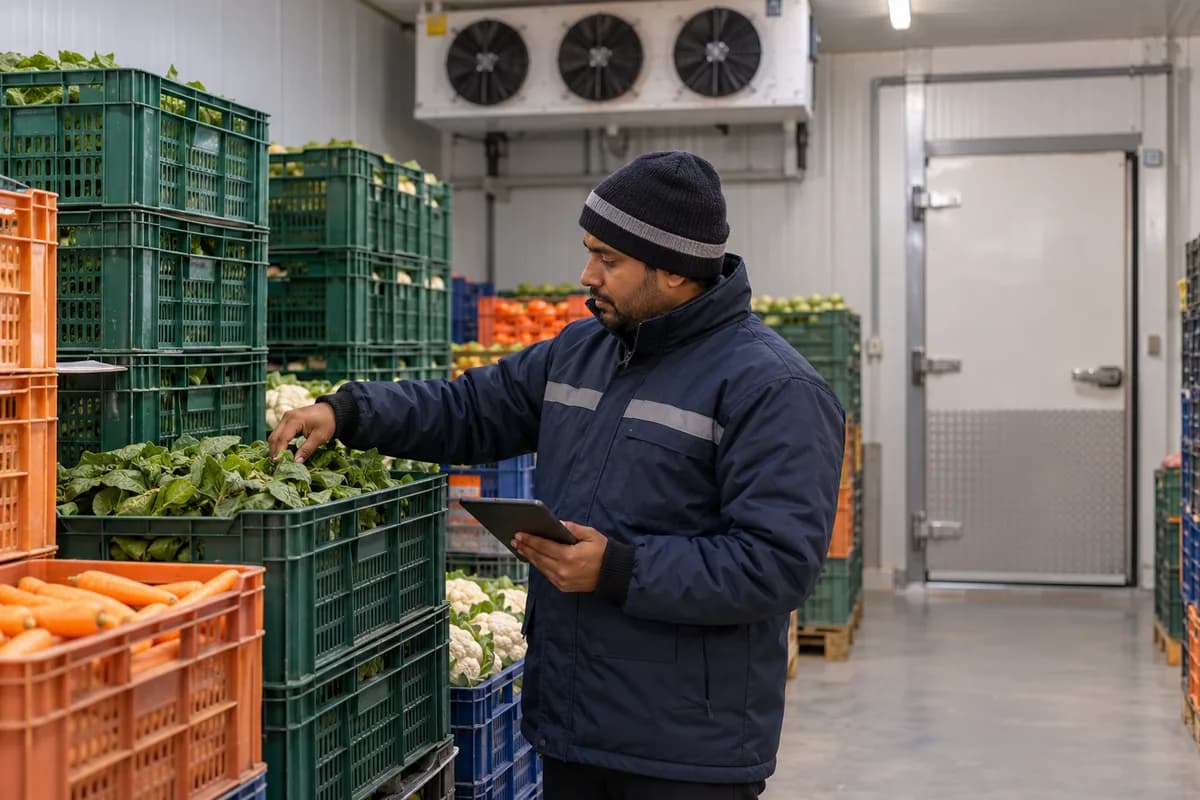 A cold storage supervisor checks produce in a refrigerated chamber