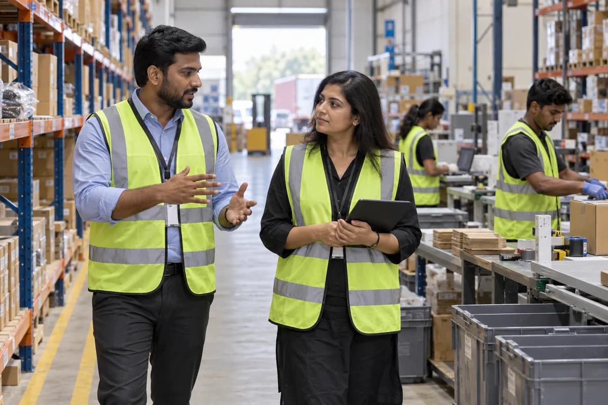 A warehouse manager leads a business buyer through the packing area