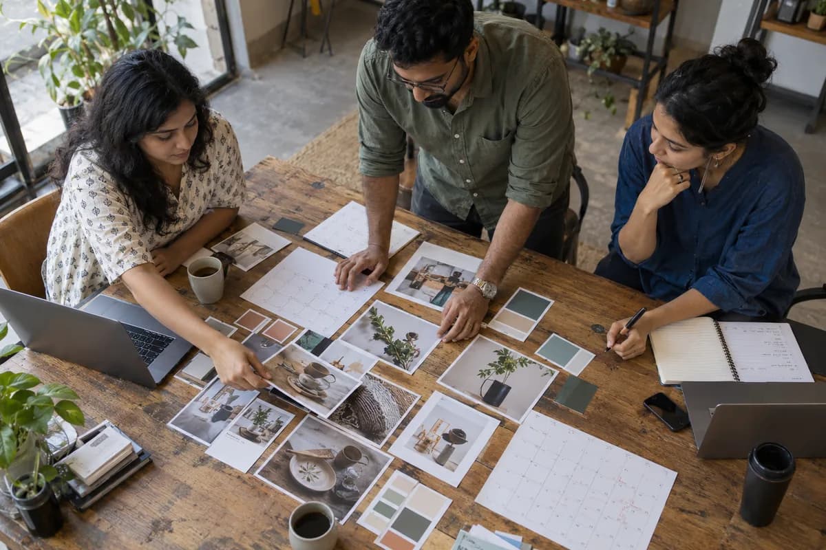 Marketing planners arrange product photographs and campaign materials