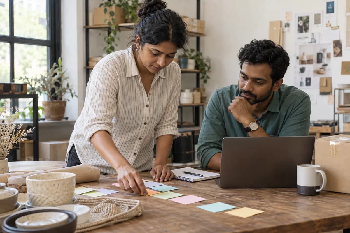 Colleagues arrange a sequence of planning notes beside a laptop