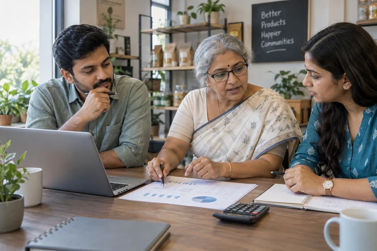 A business leader and colleagues discuss a performance report