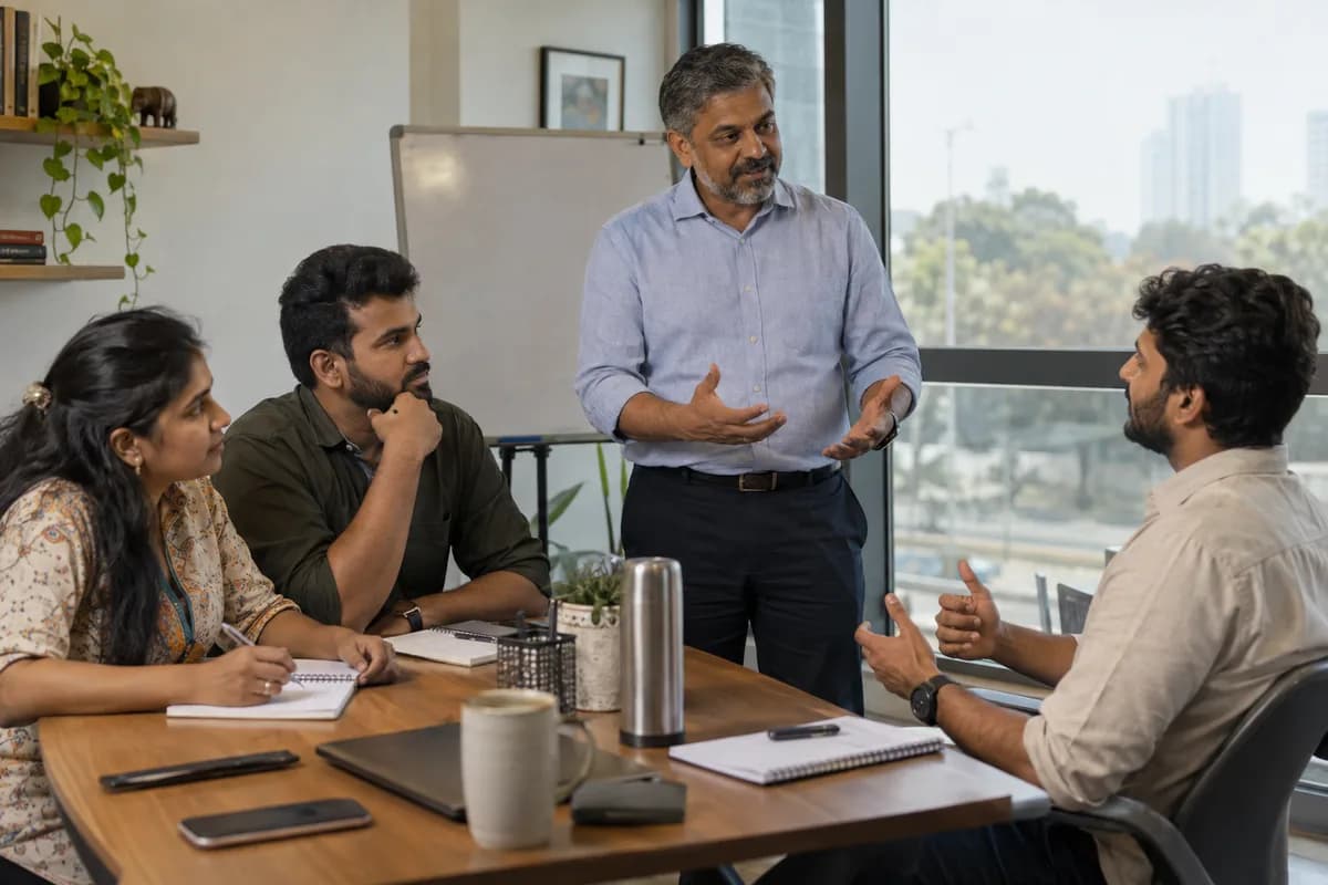 A sales coach leads a small workshop with attentive participants
