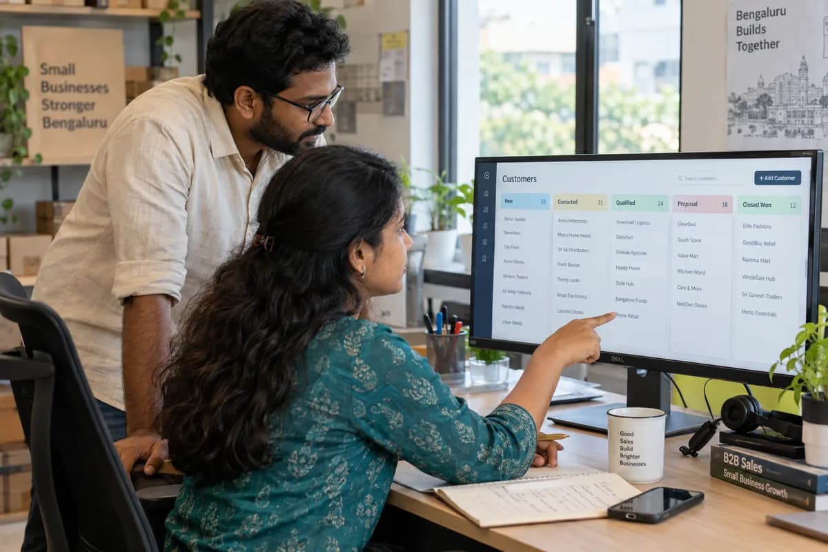 Colleagues review customer records and a sales pipeline on a monitor