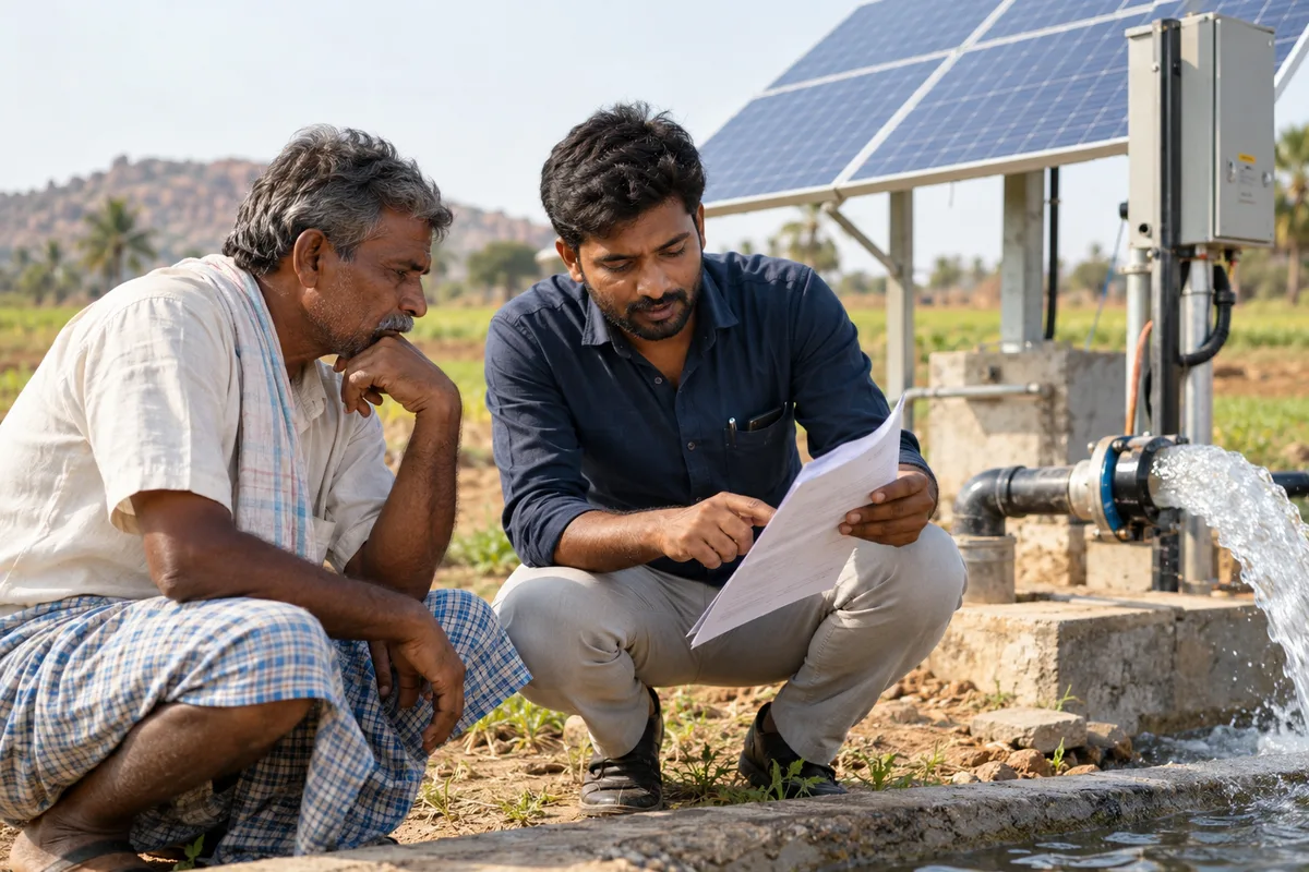 A solar pump supplier discusses a farmer’s requirements beside an irrigation pump