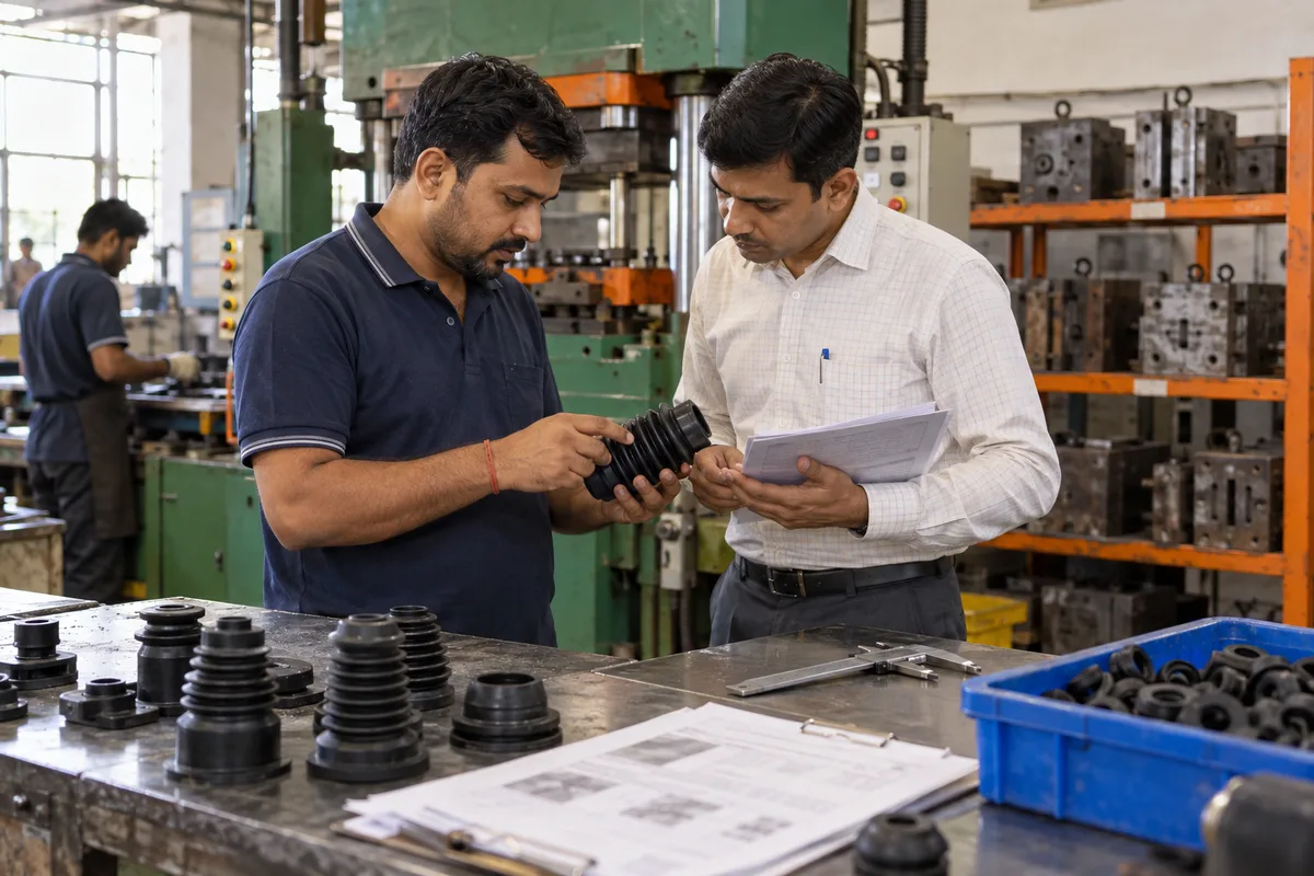 A rubber moulder and buyer inspect a bellows sample against a specification