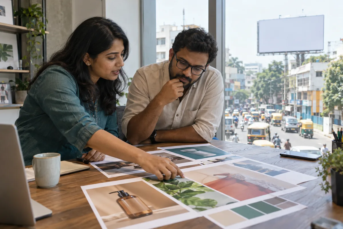 Media planners review campaign artwork beside a window overlooking a commercial street