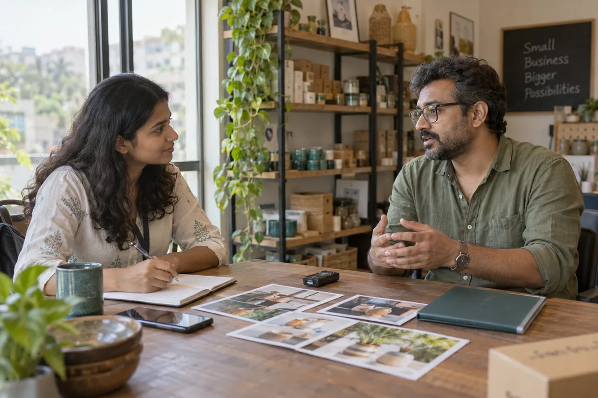A writer interviews a business owner with notes and product photographs on the table