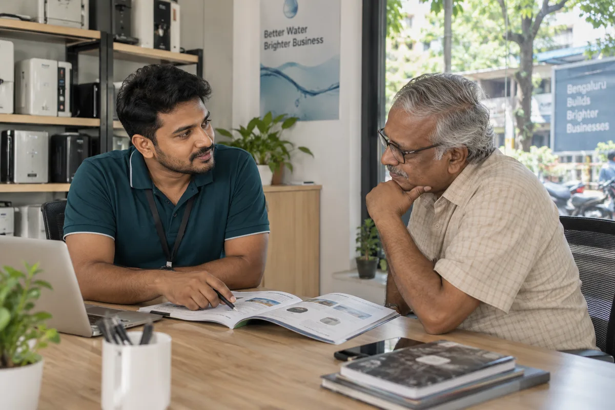 A customer adviser and business owner review a product guide together
