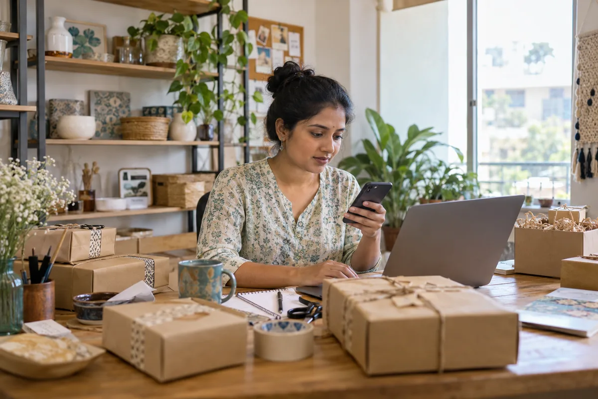 A small-business owner responds to customer messages beside packed orders