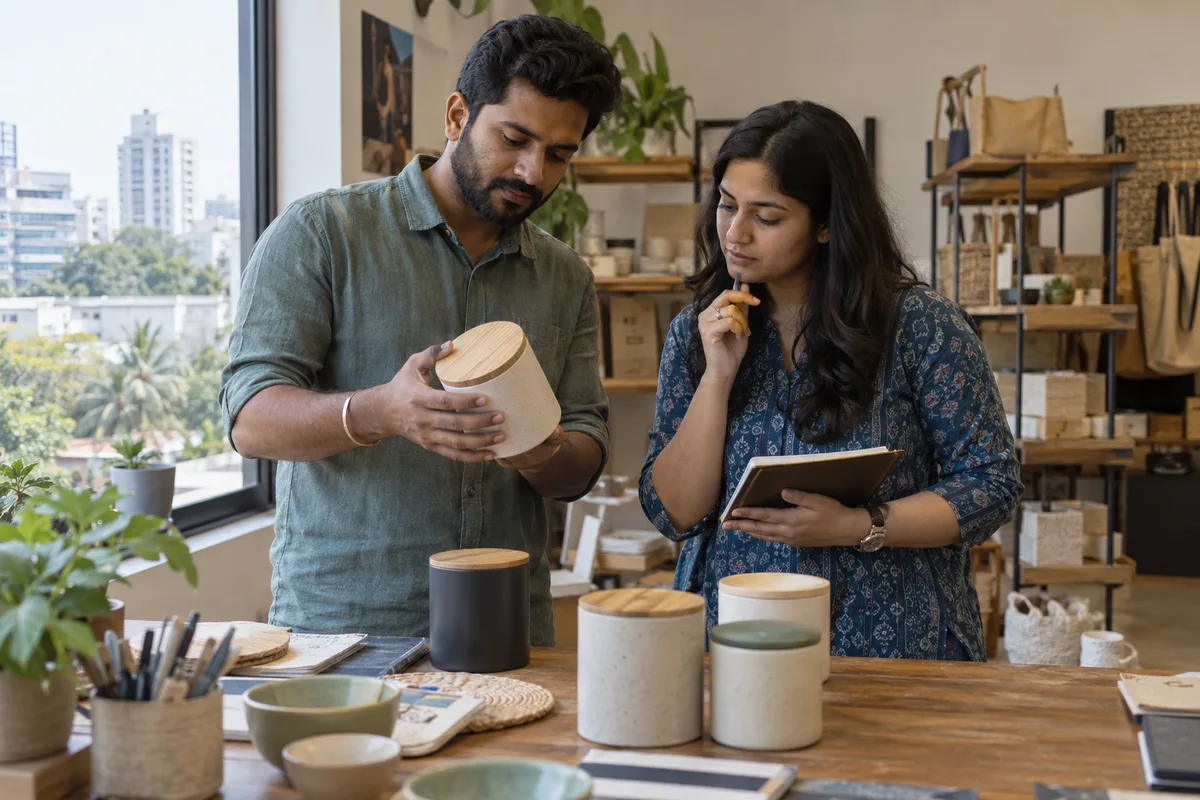An entrepreneur and adviser compare product samples and customer research notes