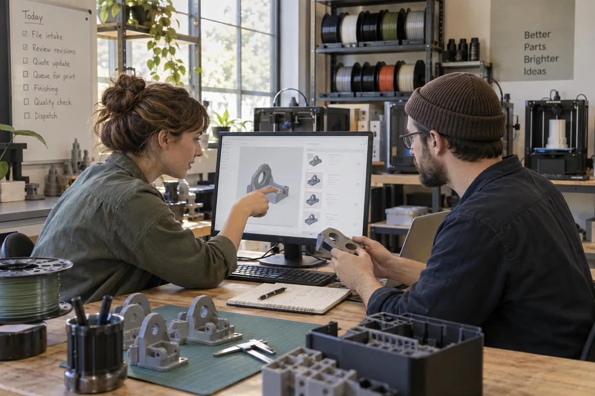 Designers reviewing a three-dimensional model beside printed prototypes