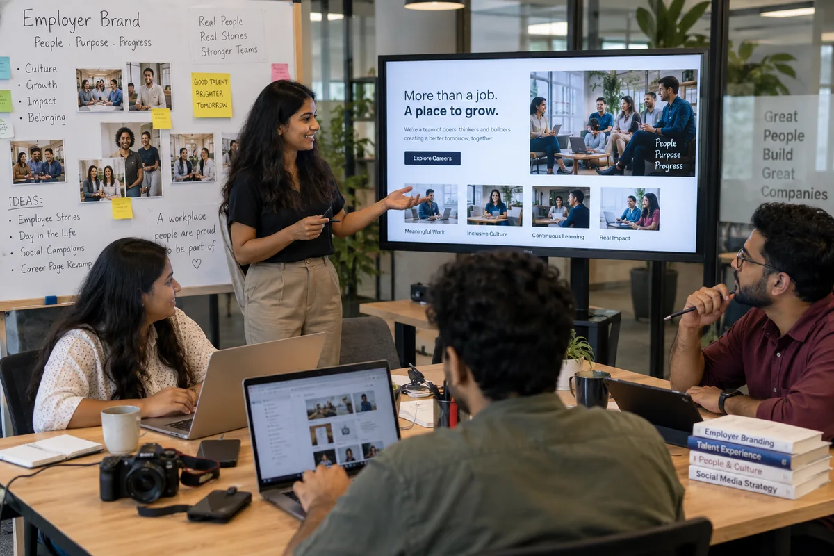 Team reviewing employer brand material and recruitment messaging