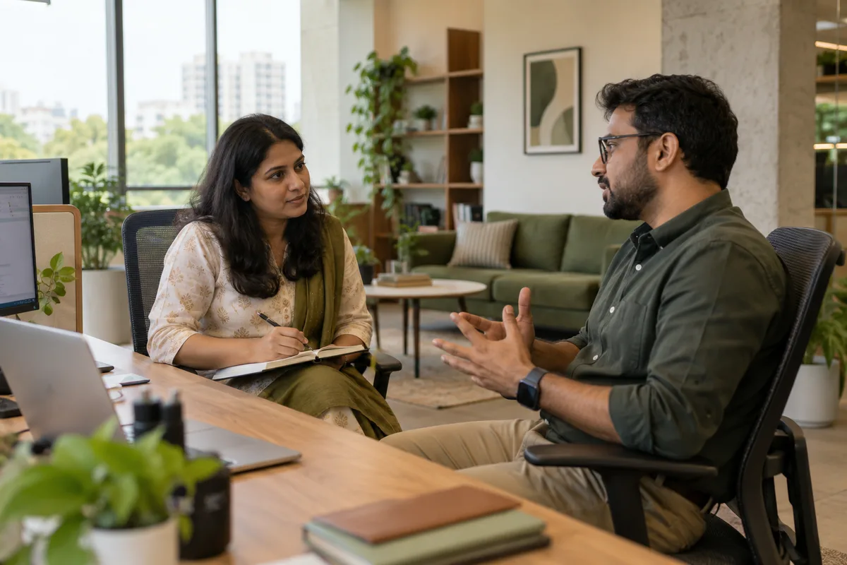 An HR adviser interviewing a department lead about responsibilities with a notebook at a workstation.