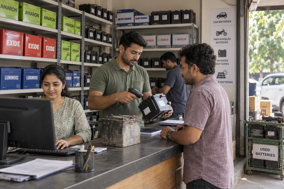 Battery dealers: show a real physical business scene illustrating Battery stock by brand, model and serial. Hold stock by brand, model, capacity and type, with the serial and manufacture date code recorded when it arrives, so the counter can sell the oldest unit first.