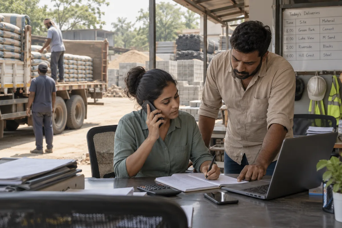 Building material suppliers: show a real physical business scene illustrating Phone and WhatsApp order entry. Record the order against a contractor and a site, with material, quantity, rate, delivery slot and who at that site may sign for the load.