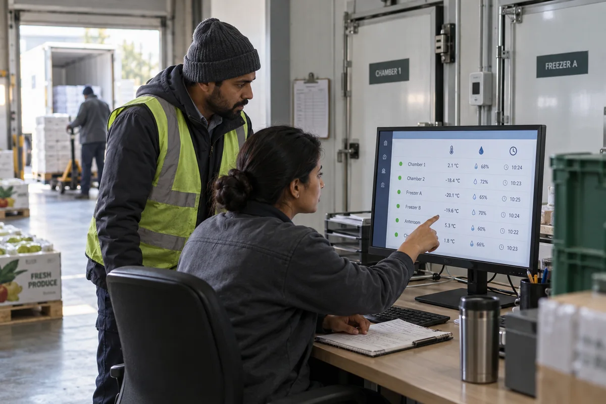 Cold chain companies: show a real physical business scene illustrating Chamber readings on one screen. Show the current temperature, and humidity where it is measured, for every chamber, freezer and anteroom fitted with a sensor, with the time each one last reported.
