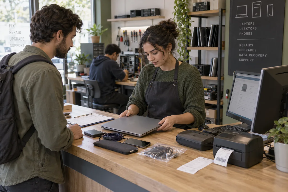 Computer repair shops: show a real physical business scene illustrating Device intake and condition check. Record serial, make, fault described, accessories, passwords, scratches and photos, and print a tag and a customer receipt.