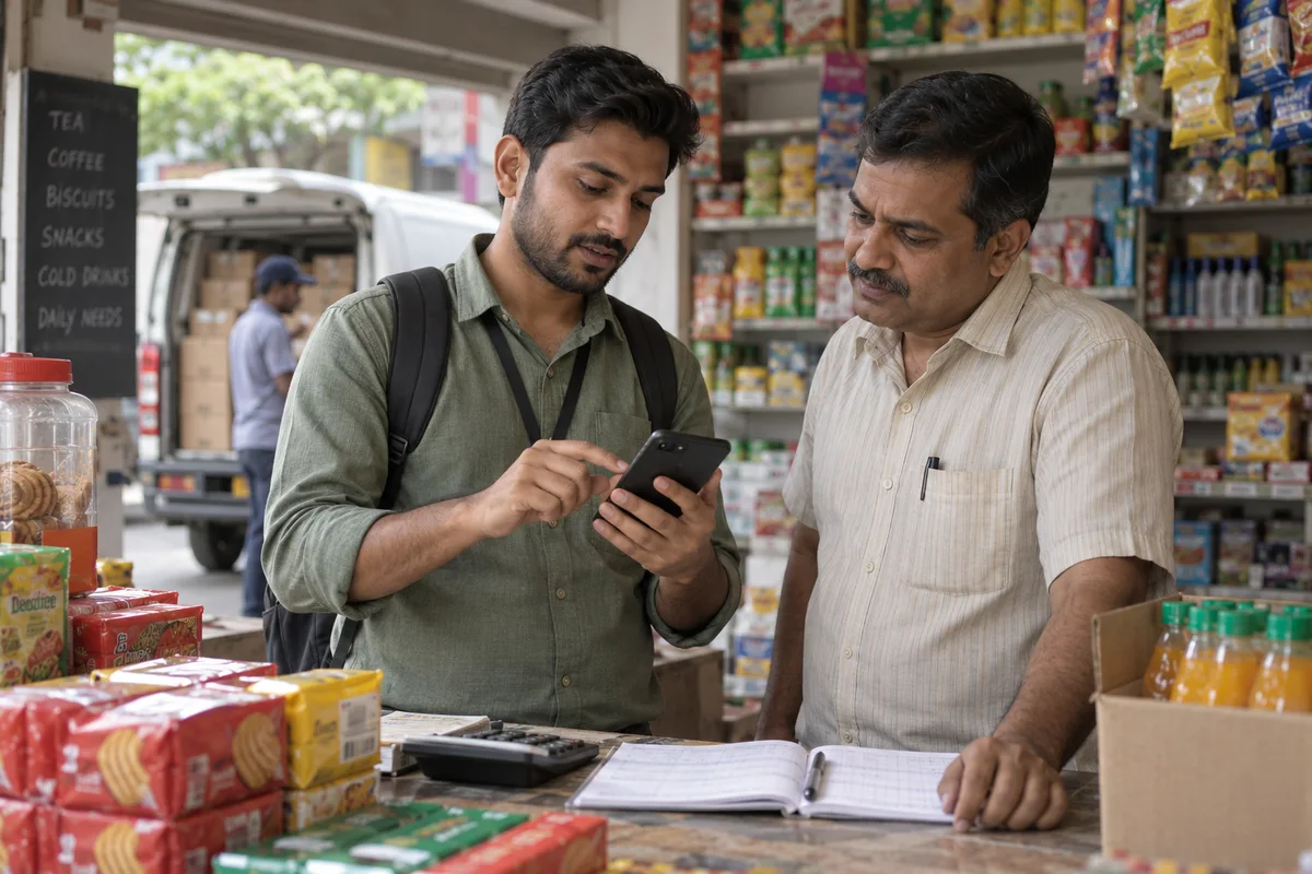 FMCG distributors: show a real physical business scene illustrating Beat plans and outlet master. Group outlets into beats by day, record each outlet’s type, owner and phone, and see which shops were visited and which placed no order.