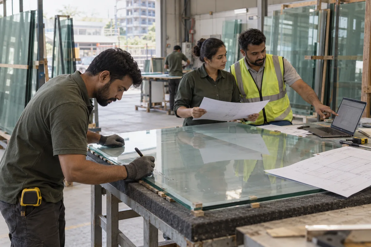 Glass and façade companies: show a real physical business scene illustrating Glass schedule and cutting list. Record each panel with size, thickness, type, location mark and drawing reference, so the mark on the glass matches the elevation.