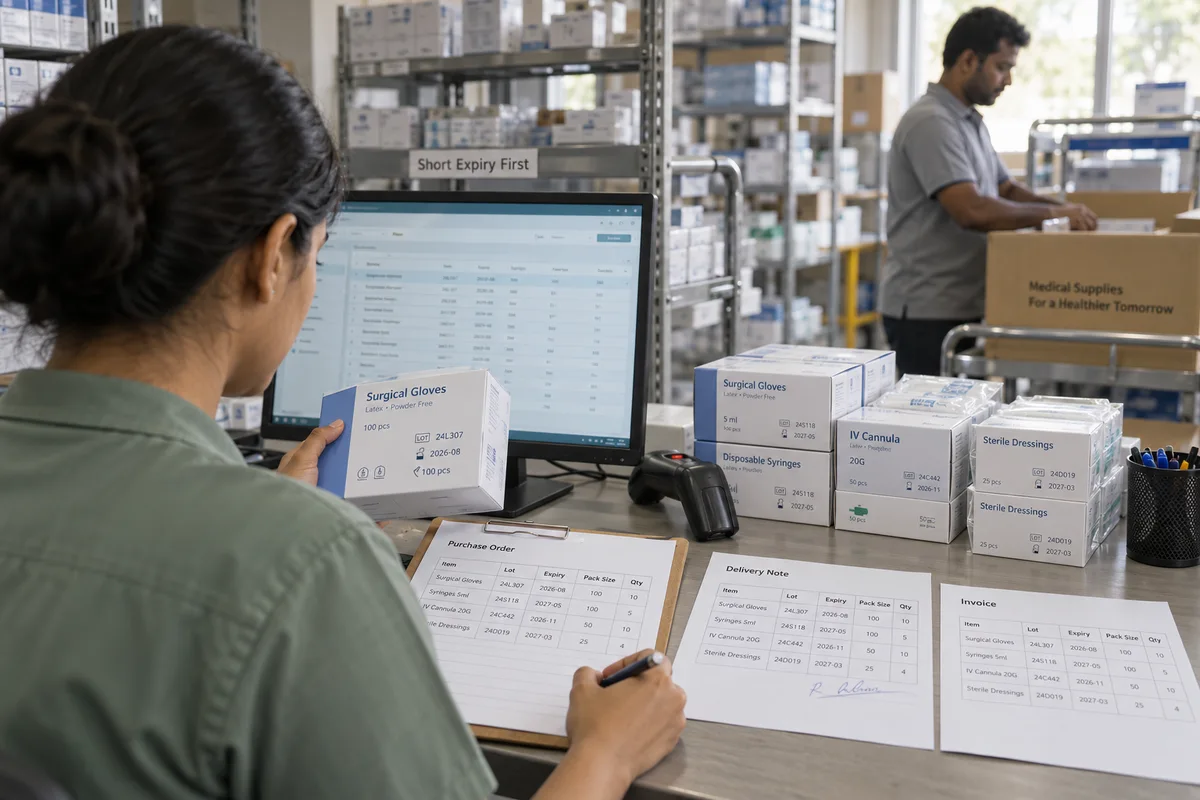 Surgical and medical supplies distributors: show a real physical business scene illustrating Lot and expiry on every line. Record lot, expiry and pack size on the purchase, delivery note and invoice, and pick the shortest-dated lot first unless a buyer asks for a particular one.