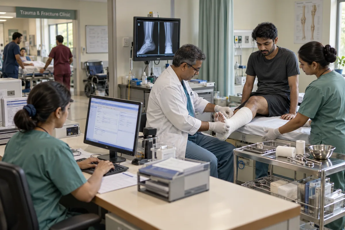 Orthopaedic hospitals and clinics: show a real physical business scene illustrating Fracture clinic and casualty record. Register trauma cases with the injury, X-ray orders, the plaster or splint applied and the decision to treat or admit, all on the patient’s record.