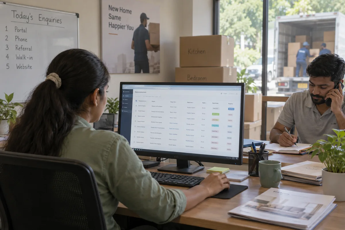 Packers and movers: show a real physical business scene illustrating Lead capture and quick quote. Bring portal and phone enquiries into one list, with origin, destination, shifting date and source on each.