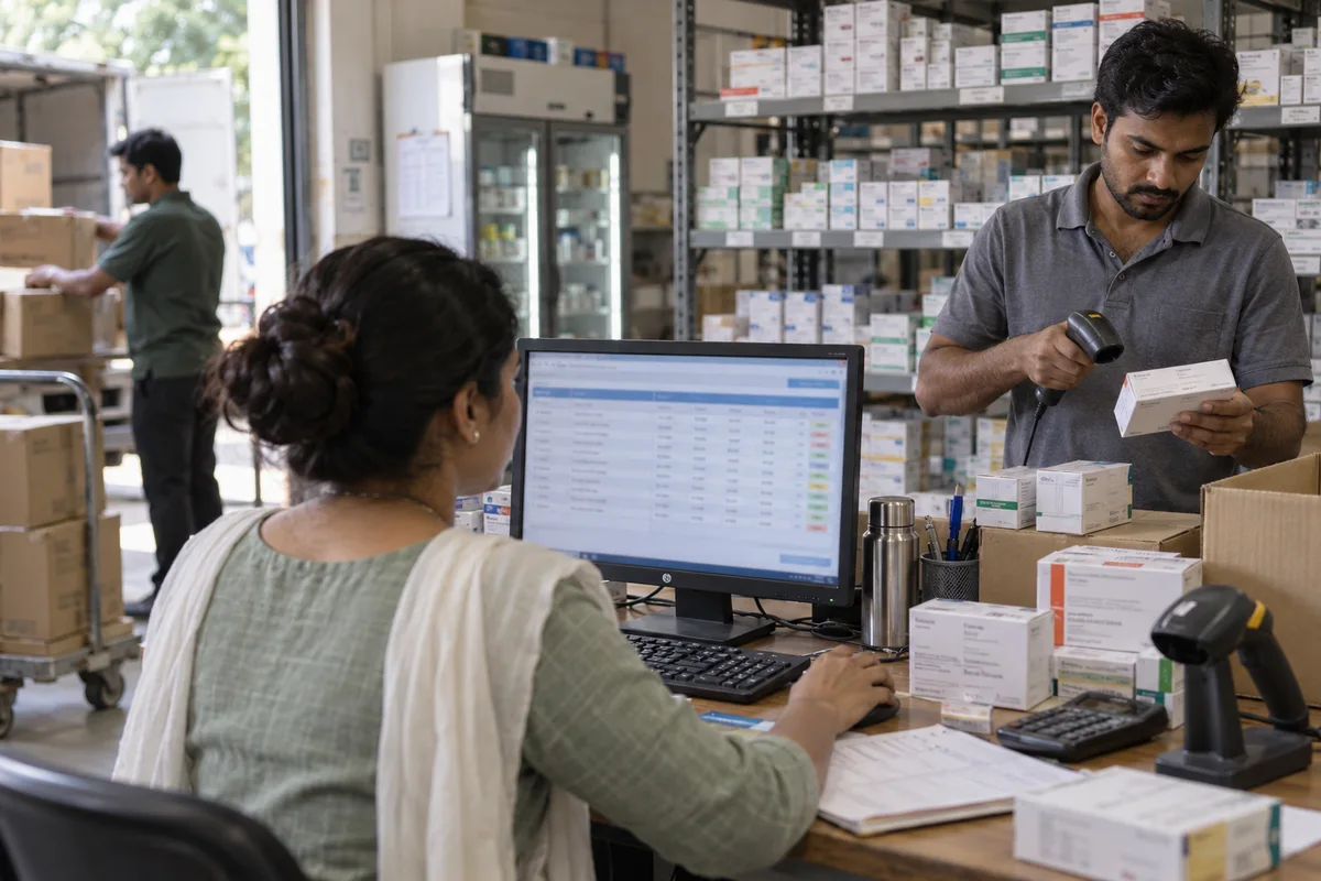 Pharmaceutical distributors: show a real physical business scene illustrating Batch and expiry stock. Hold stock by item, batch, expiry and warehouse, and offer the earliest-dated batch first at billing unless the counter deliberately picks another one.