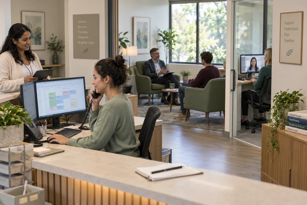 Psychiatry clinics: show a real physical business scene illustrating Appointments for assessments and follow ups. Book assessments, reviews and therapy sessions by clinician and room, including video consultations, with reminders before each visit.