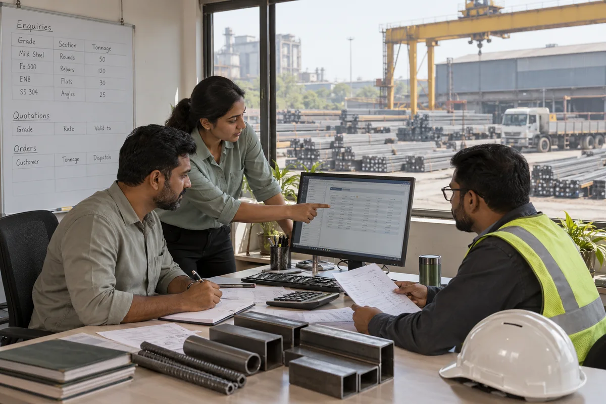 Steel mills: show a real physical business scene illustrating Enquiries, quotations and orders. Log each enquiry by grade, section and tonnage, quote from your own price list, and commit orders only to dispatch slots the mill can meet.