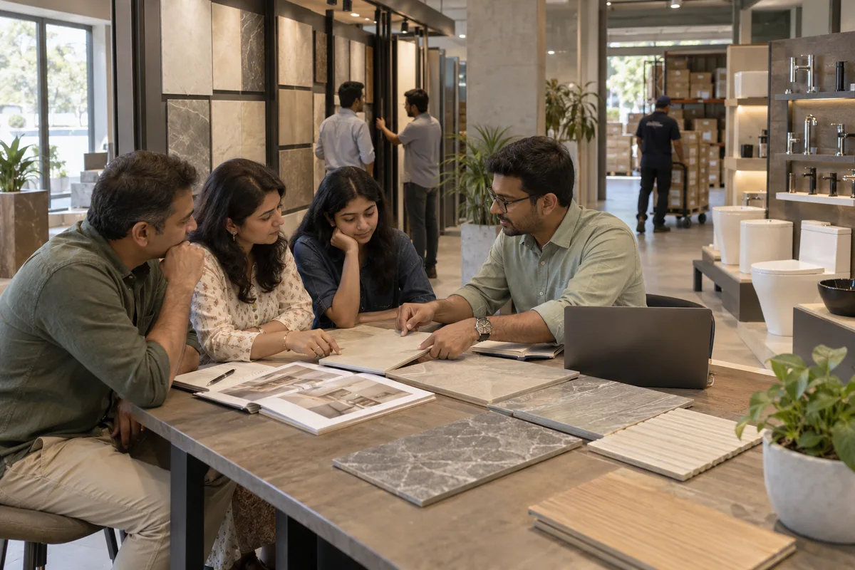 Tile and sanitaryware showrooms: show a real physical business scene illustrating Catalogue by series, size and finish. Hold every brand, series, size and finish with pieces per box and the area a box covers, so nobody works that out twice.