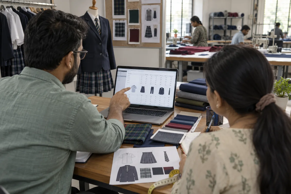 Uniform suppliers: show a real physical business scene illustrating Contract and size chart. Record designs, fabrics, items and rates for each school or company, with the size chart that belongs to it. This register is built around the production system during implementation.