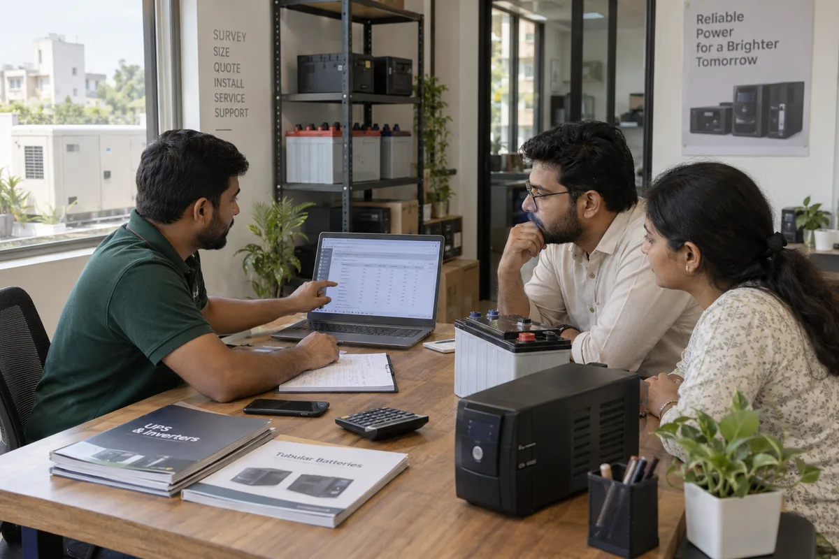 UPS and power backup dealers: show a real physical business scene illustrating Load survey and quotation. Record the load surveyed, the rating suggested and the items quoted, with each revision kept against the enquiry.