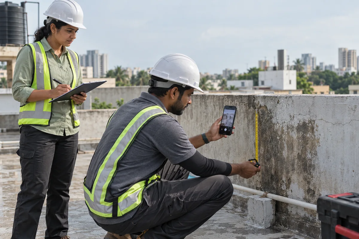 Waterproofing contractors: show a real physical business scene illustrating Leak inspection report. Record photos, moisture spots, the area measured and the likely source on a phone, standing on the terrace. The report is done on site.