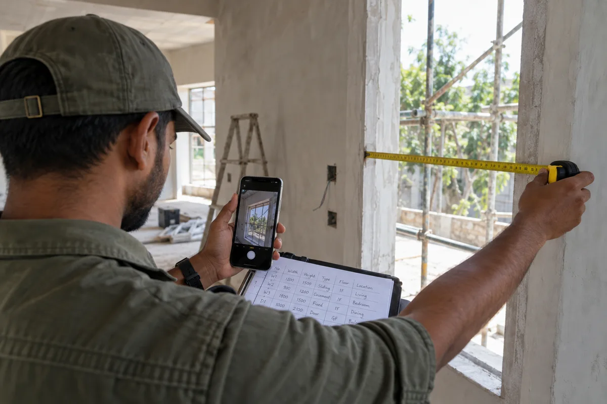 Windows and doors companies: show a real physical business scene illustrating Opening-wise measurement sheet. Record each opening with width, height, opening type, floor, location and a photo, taken on the surveyor’s phone at site.