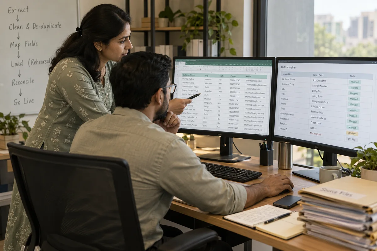 A realistic Indian practitioner performing the specific task in the first content section: {"heading": "The migration sequence", "intro": "", "items": [{"title": "Extract and review", "body": "All source files are pulled out and read before anything is loaded